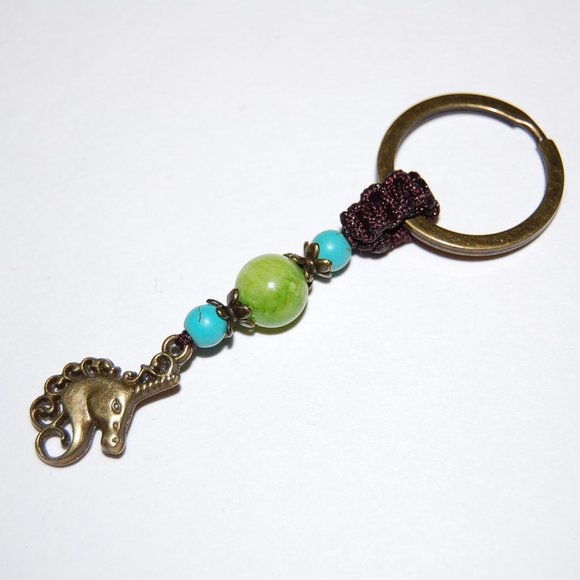 Unicorn Keychain,Unicorn and Stone Beaded Keychain,Bronze Unicorn Keyring - Picture 2 of 2